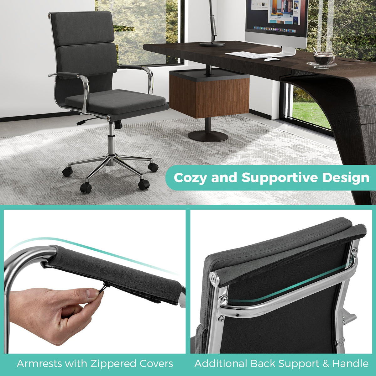 Ergonomic Office Desk Chair with Rocking Backrest and Height-adjustable Padded Seat-Gray