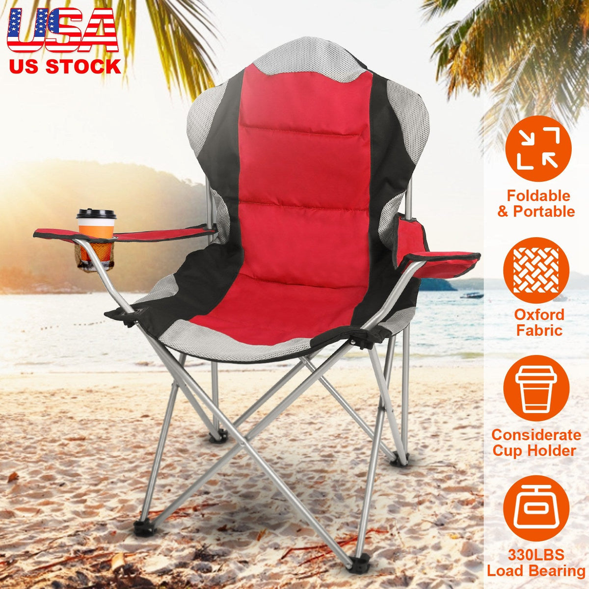Foldable Camping Chair Heavy Duty Steel Lawn Chair Padded Seat Arm Back Beach Chair 330LBS Max Load with Cup Holder Carry Bag
