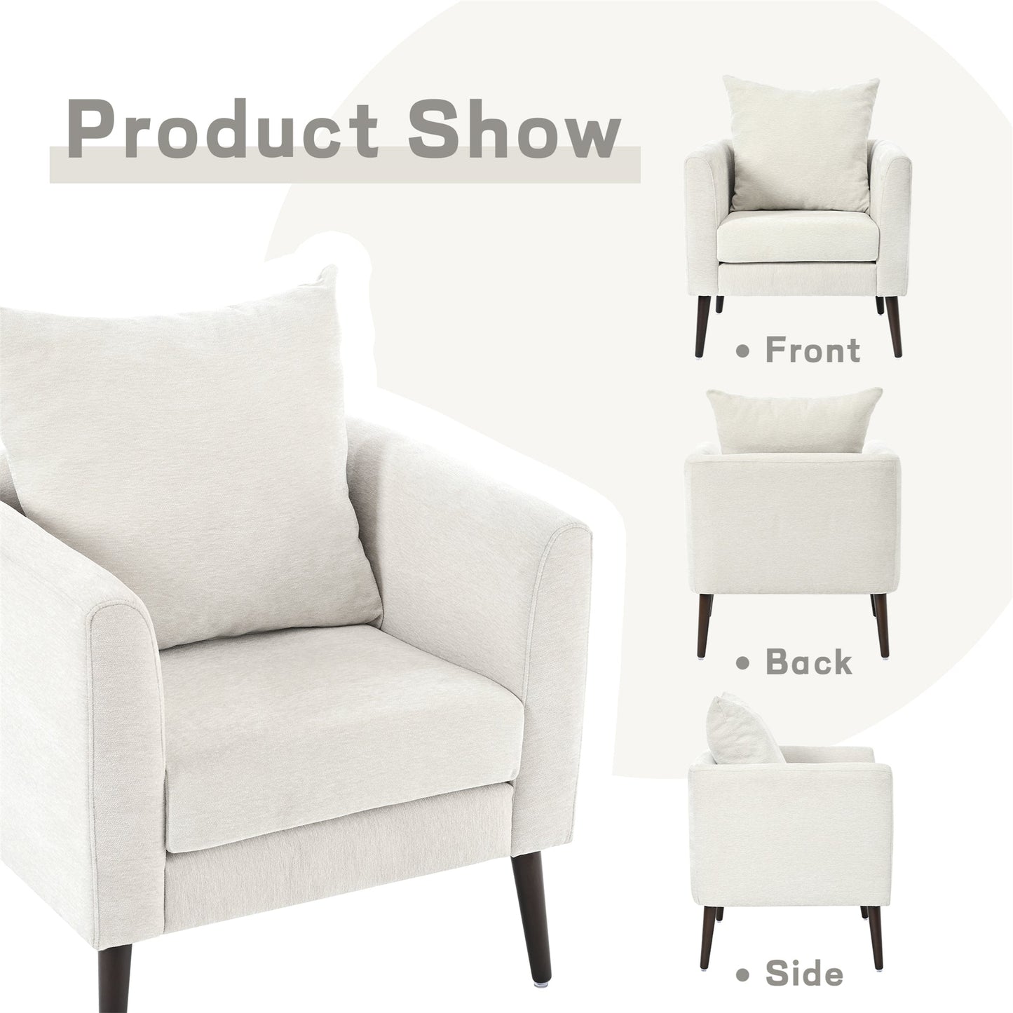 Modern Chenille Accent Chair, Upholstered Armchair for Living Room, Mid Century Fabric Lounge Chair w/Pillow, Comfortable Reading Chair with Wood Legs for Living Room, Bedroom, Reception Room (Beige)
