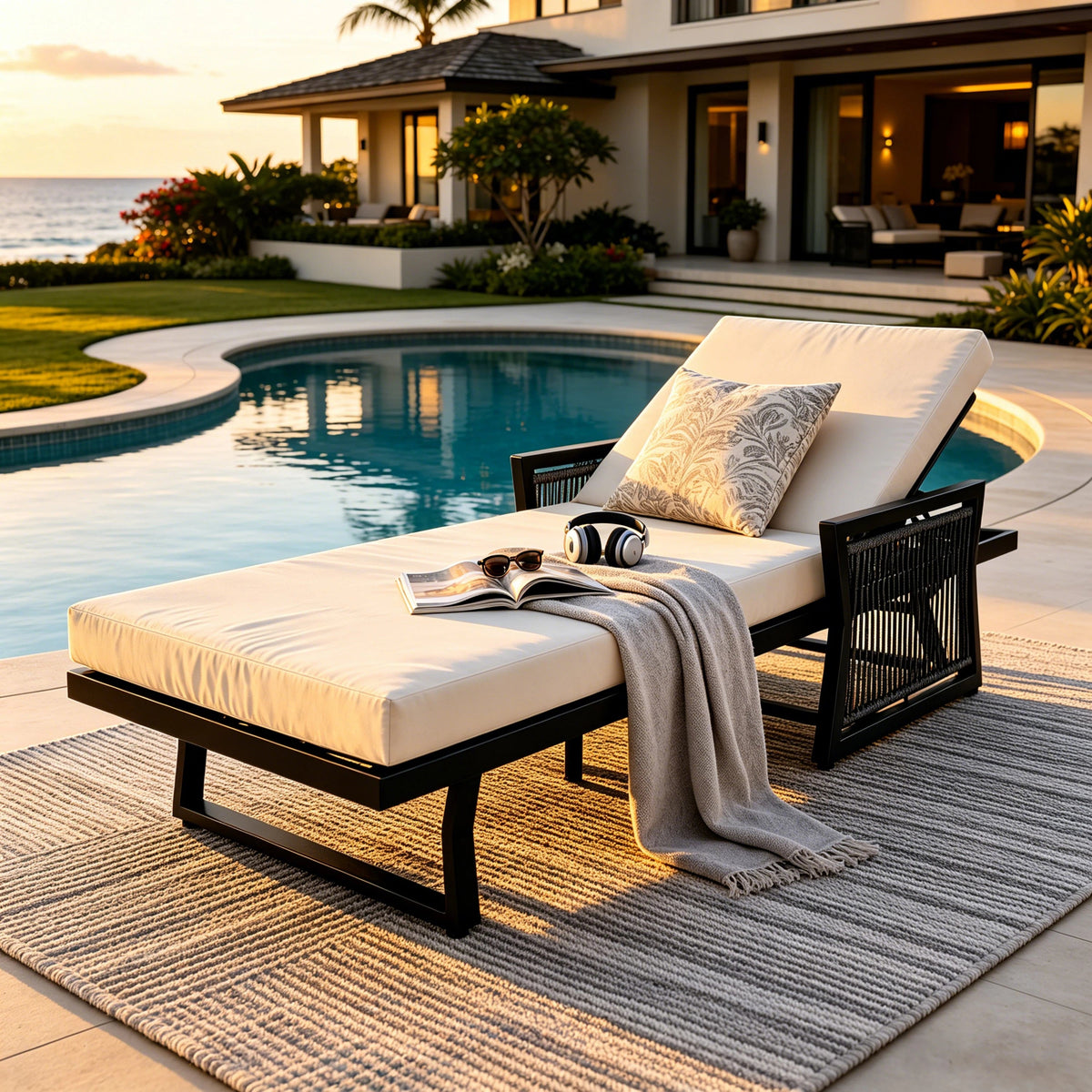 Black Iron Outdoor Chaise Lounge with Adjustable Backrest - Cream Cushion