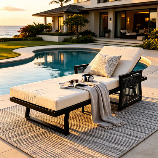 Black Iron Outdoor Chaise Lounge with Adjustable Backrest - Cream Cushion
