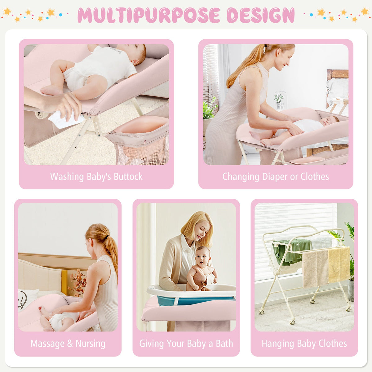 Baby Diaper Changing Table with Water Basin Wheel-Pink