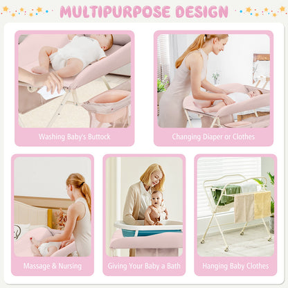 Baby Diaper Changing Table with Water Basin Wheel-Pink