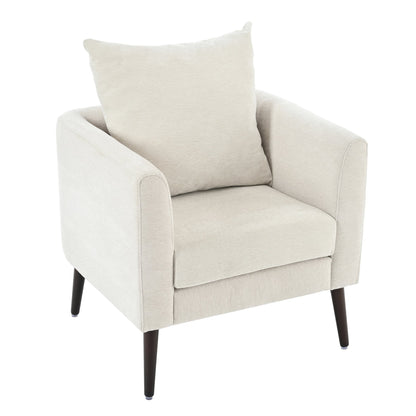 Modern Chenille Accent Chair, Upholstered Armchair for Living Room, Mid Century Fabric Lounge Chair w/Pillow, Comfortable Reading Chair with Wood Legs for Living Room, Bedroom, Reception Room (Beige)
