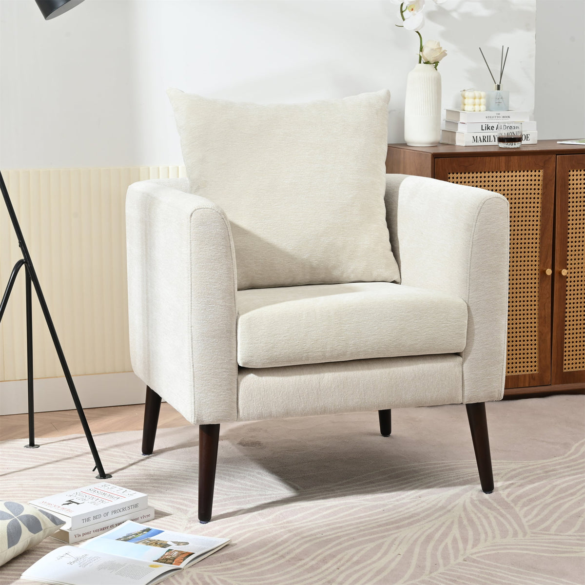 Modern Chenille Accent Chair, Upholstered Armchair for Living Room, Mid Century Fabric Lounge Chair w/Pillow, Comfortable Reading Chair with Wood Legs for Living Room, Bedroom, Reception Room (Beige)