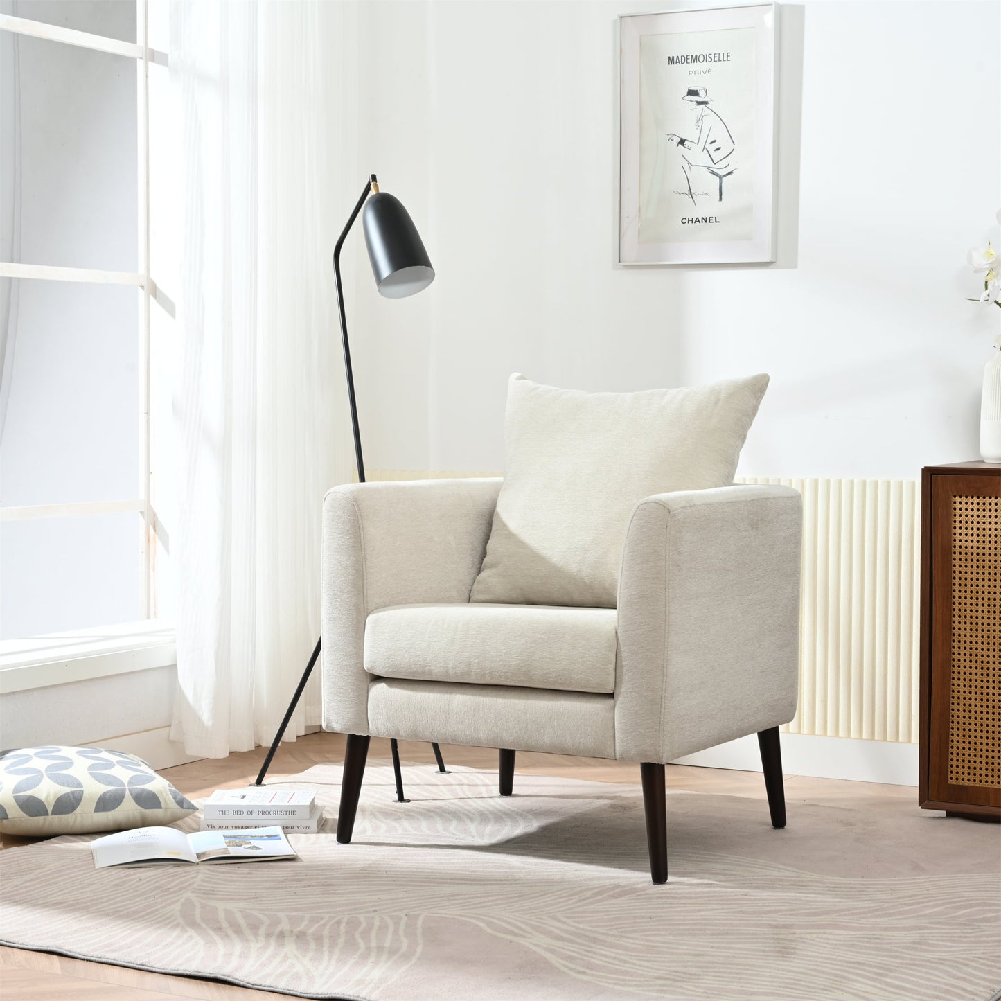 Modern Chenille Accent Chair, Upholstered Armchair for Living Room, Mid Century Fabric Lounge Chair w/Pillow, Comfortable Reading Chair with Wood Legs for Living Room, Bedroom, Reception Room (Beige)