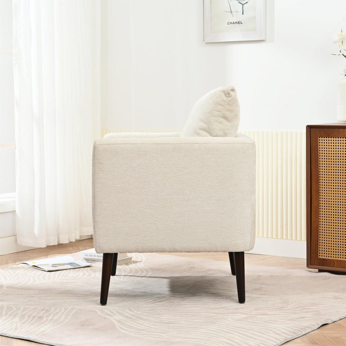 Modern Chenille Accent Chair, Upholstered Armchair for Living Room, Mid Century Fabric Lounge Chair w/Pillow, Comfortable Reading Chair with Wood Legs for Living Room, Bedroom, Reception Room (Beige)