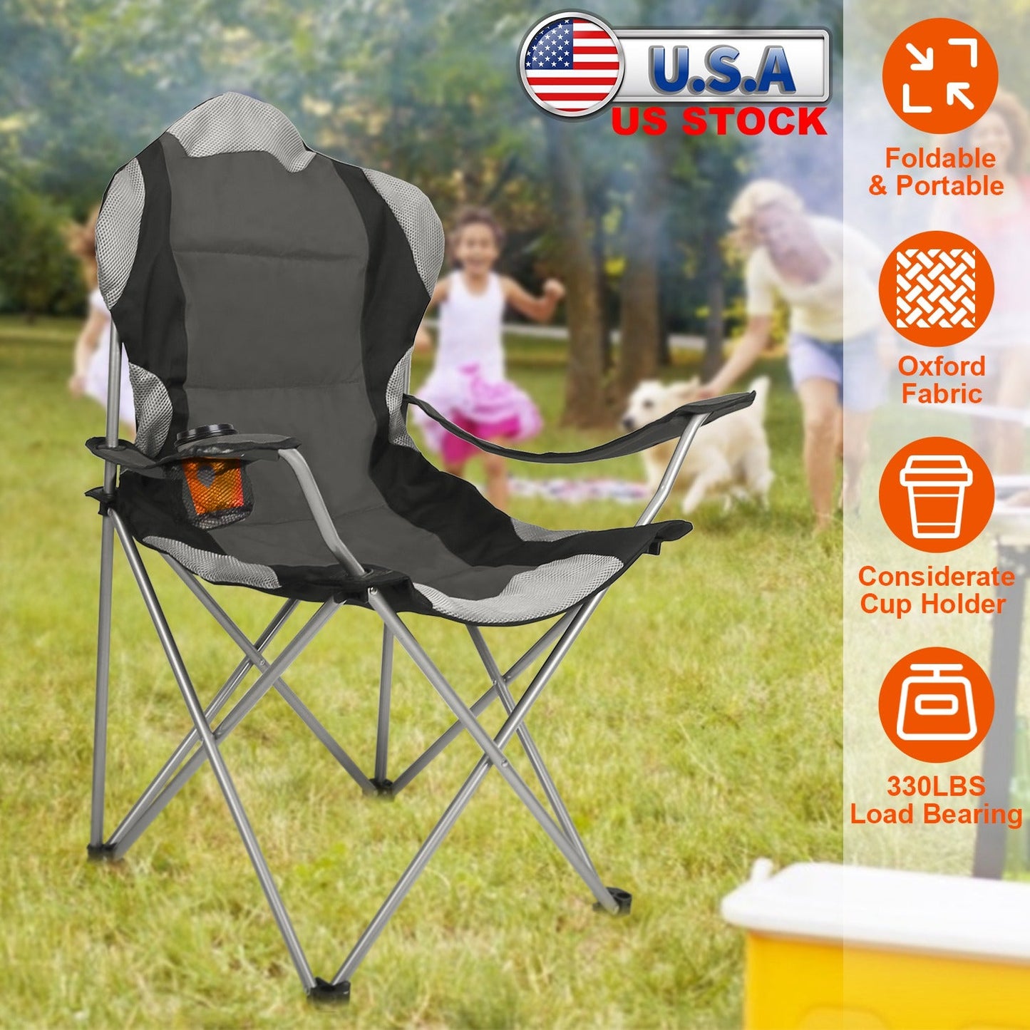Foldable Camping Chair Heavy Duty Steel Lawn Chair Padded Seat Arm Back Beach Chair 330LBS Max Load with Cup Holder Carry Bag