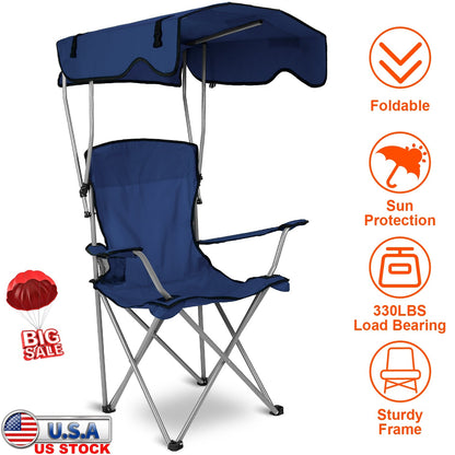 Foldable Beach Canopy Chair Sun Protection Camping Lawn Canopy Chair 330LBS Load Folding Seat w/ Cup Holder For Beach Poolside Travel Picnic