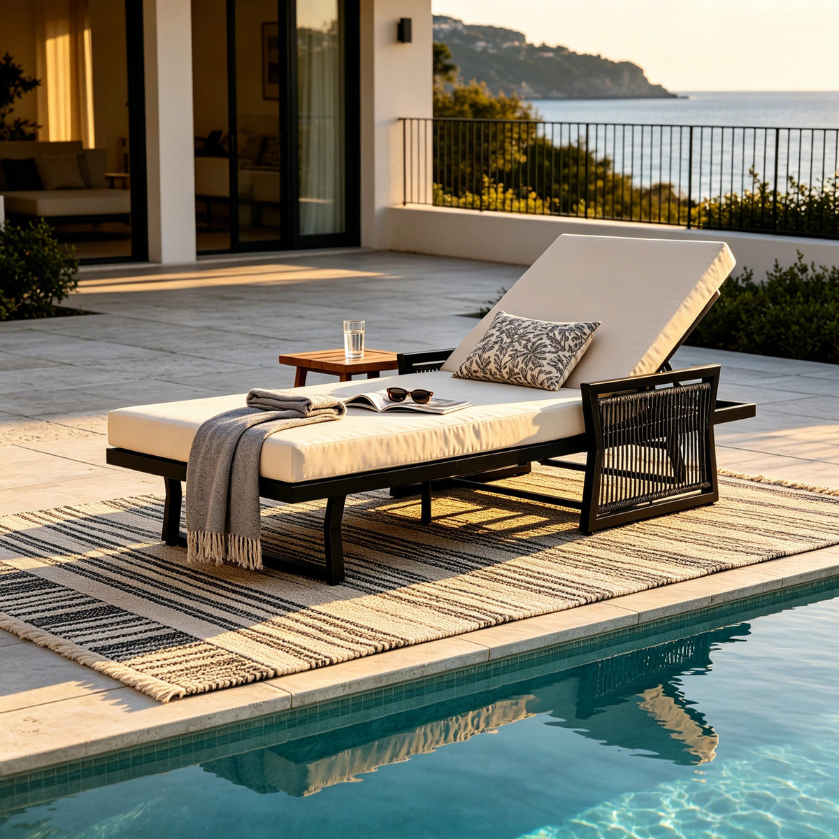 Black Iron Outdoor Chaise Lounge with Adjustable Backrest - Cream Cushion
