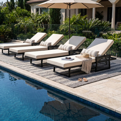 Black Iron Outdoor Chaise Lounge with Adjustable Backrest - Cream Cushion