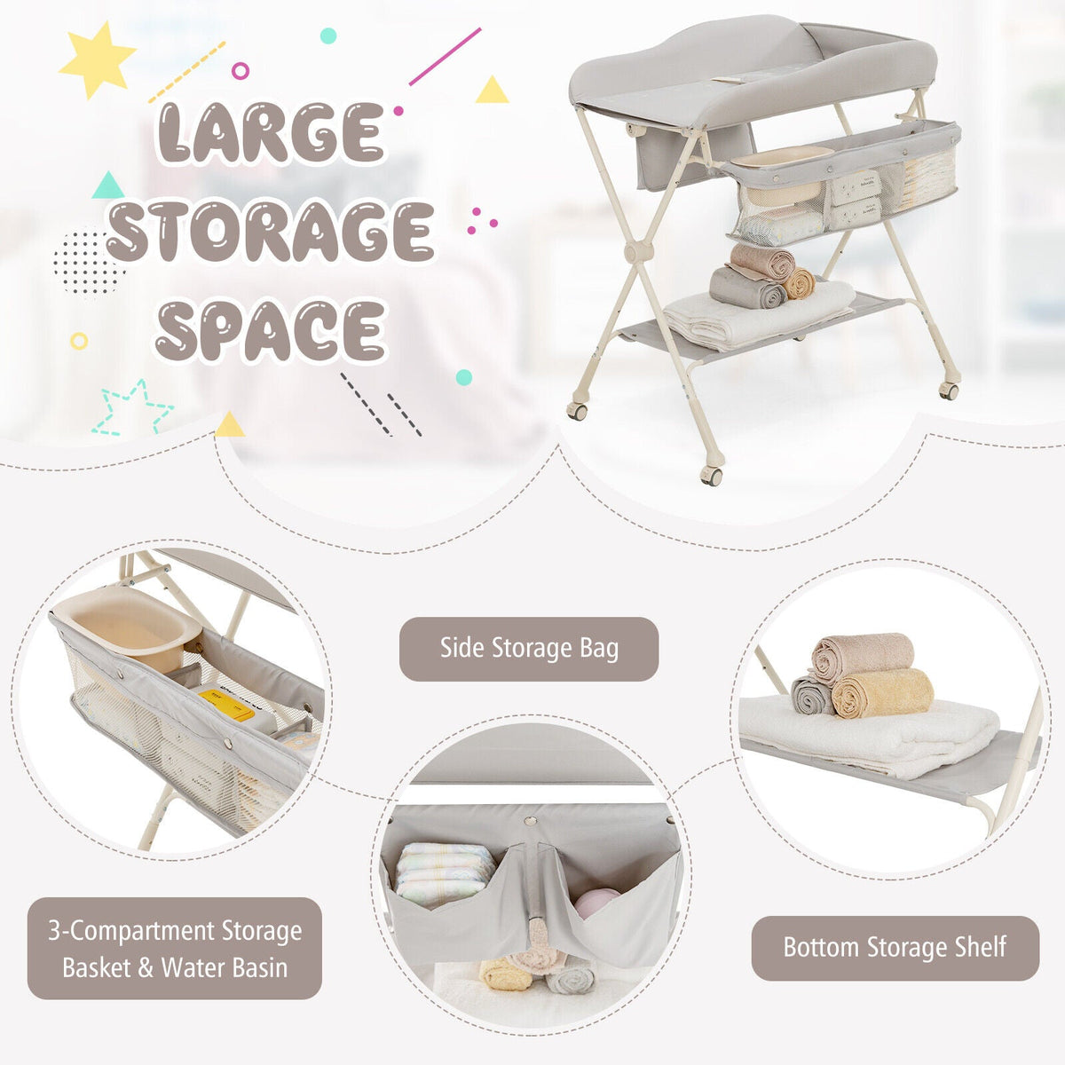 Baby Diaper Changing Table with Water Basin Wheel-Gray